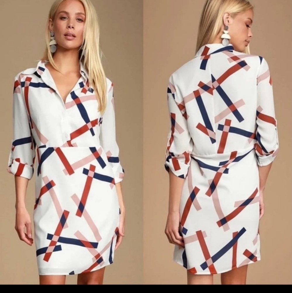 Lulus White Geometrical Dabney Aesthetic Boho White Shift Dress Womens Size XS